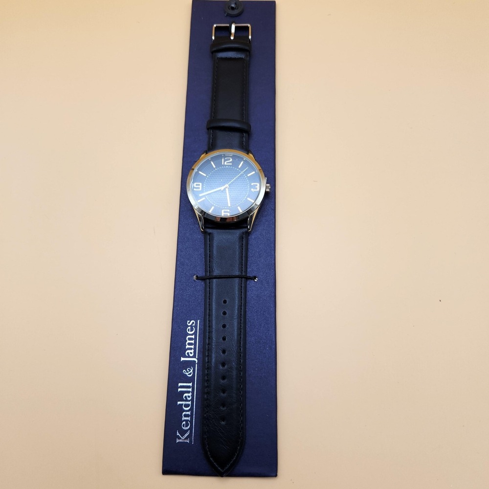 Kendall & James Watch Mens Leather Band Gold Tone Blue Dial New Elegant Gift Box - Picture 2 of 6